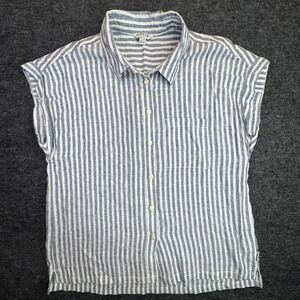 Orvis Button Down Shirt Womens Small Blue White Striped Linen Blend Cap Sleeve